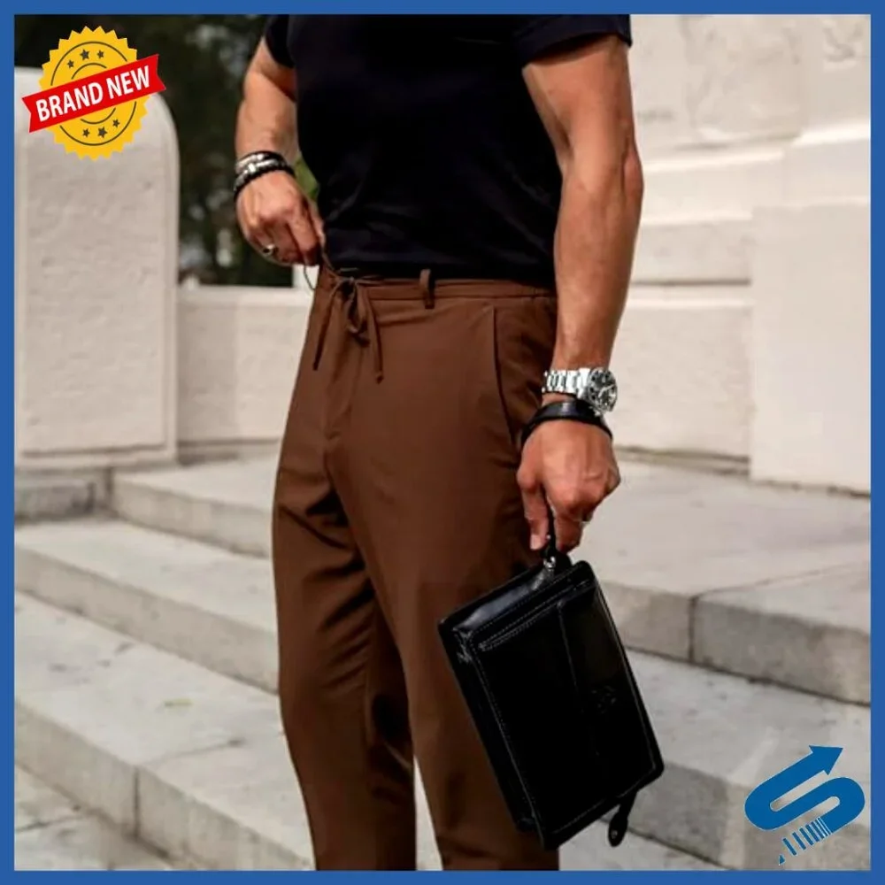 Full-Grain Leather Clutch with Wrist Strap, Detachable Band, Multiple Pockets